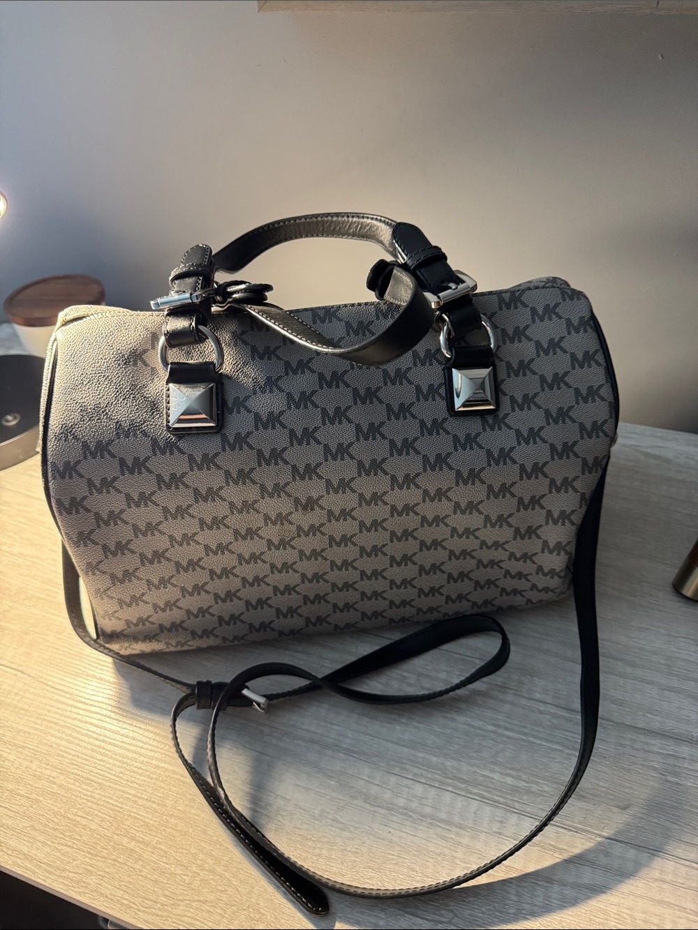 Michael Kors Gray Monogram Satchel with Black Trim